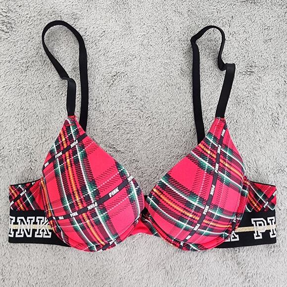PINK Victoria's Secret Bra Womens 32B Red Black Plaid Wear Everywhere Push-Up - Picture 1 of 10
